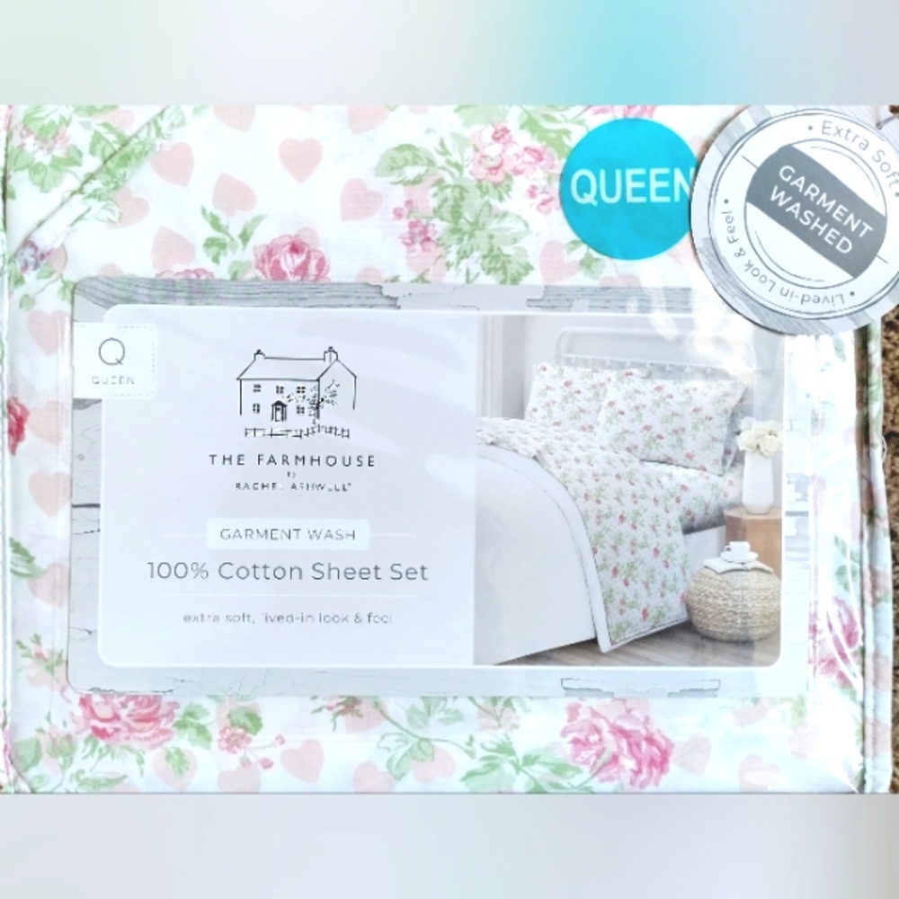 Shabby Chic Rachel Ashwell Farmhouse Pink Hearts Floral Queen Cotton Sheet Set